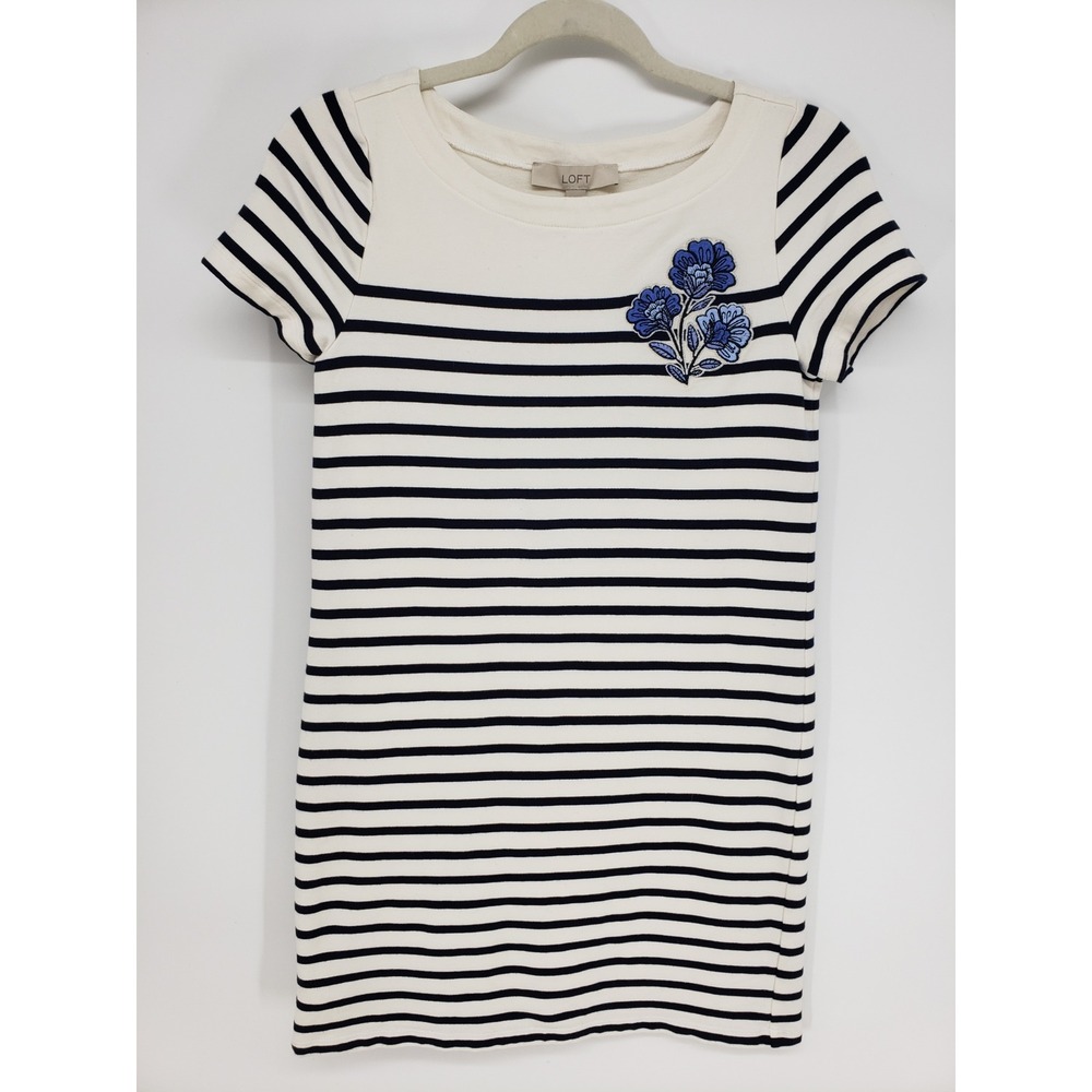 LOFT Striped T-Shirt Dress Womens XS Cream Navy Floral Embroidered Mini Casual